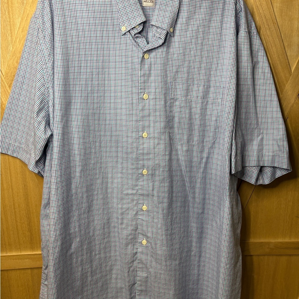 Peter Millar Blue and White Plaid Button Down Shirt